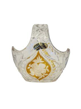 Vintage Julia Lead Crystal Basket Amber Etched Floral Made in Poland